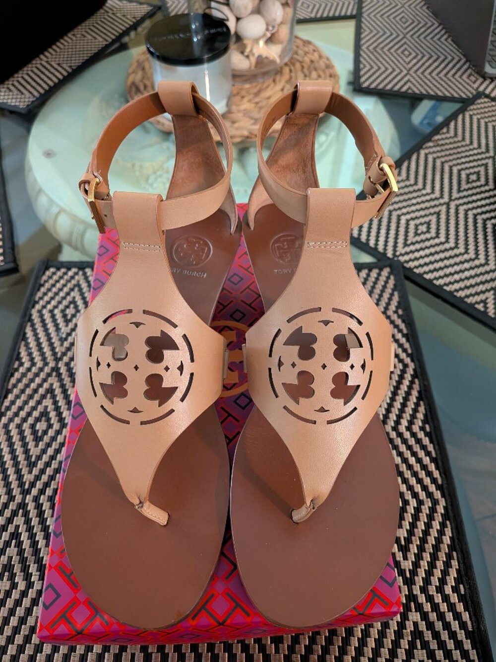Tory Burch Zoey Sand Leather Logo wedge Sandals with Ankle Strap NEW Sz 8